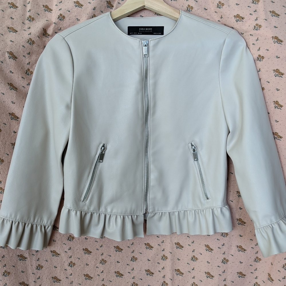 Zara - Faux Leather Jacket with Ruffled Hem